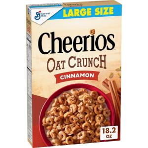 Cheerios Oat Crunch Cinnamon Breakfast Cereal, Made with Whole Grain, Large Size, 18.2 oz(Cinnamon)